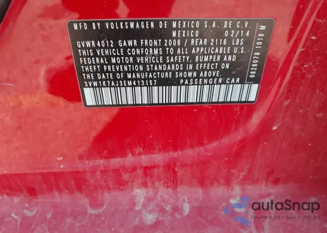 2014 Volkswagen Jetta 2.0L S from USA, damaged, VIN 3VW1K7AJ3EM413157